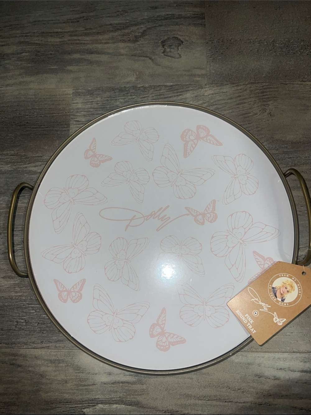 Dolly Parton - Round Serving Tray with Blush Butterfly Motif and Gold Handles